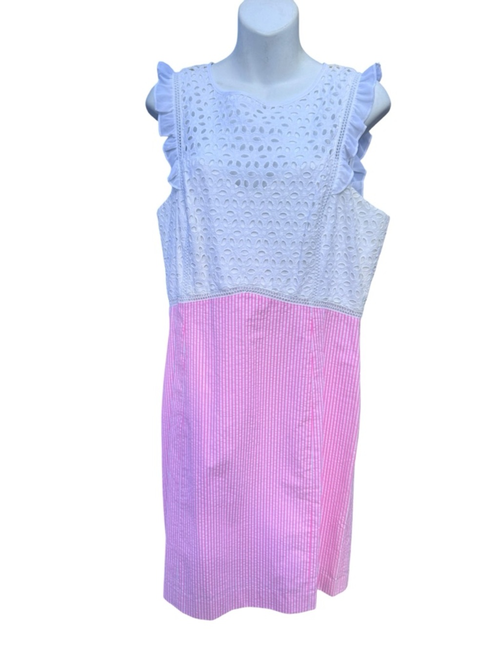 Women’s White Eyelet & Pink Seersucker Dress with sweetheart neckline, lined